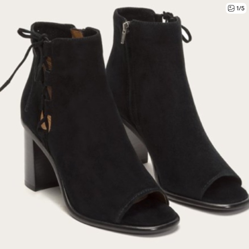 EUC Frye Amy Side Ghillie Lace Up Peep Toe Bootie Black Suede Shoes 8 - Picture 2 of 9